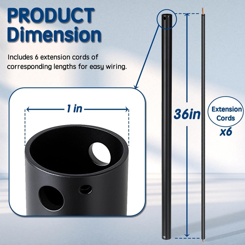 Feylan 48 Inch Ceiling Fan Downrod with UL Wires, Matte Black, 1-Inch Diameter, Unthreaded - Image 3